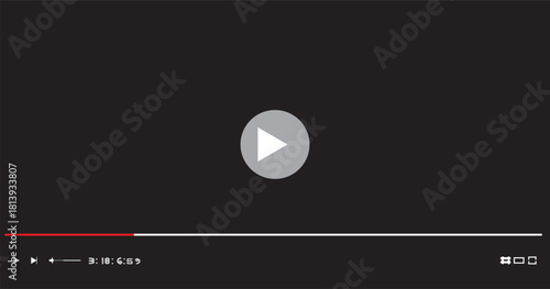 Video player vector interface with a central play button, red progress bar  ,.A set of four play buttons in various styles and colors,