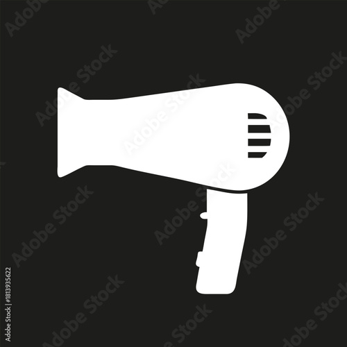 Hair dryer icon silhouette. White logo electric hairdryer isolated on black background. Vector illustration
