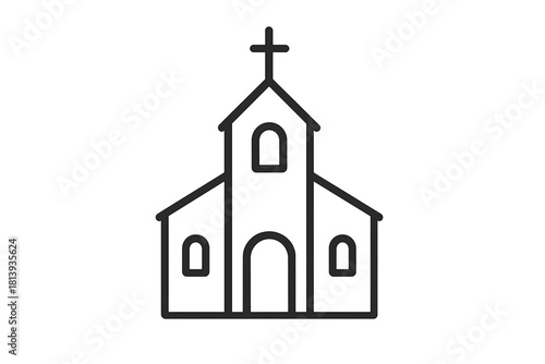 Simple line drawing of a traditional church building with a cross on the steeple