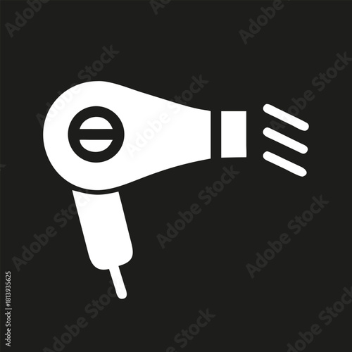 Hair dryer icon silhouette. White logo electric hairdryer isolated on black background. Vector illustration