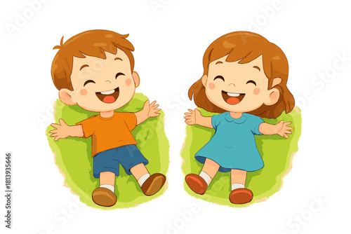 Cheerful young boy and girl lying on green grass with arms outstretched and big smiles