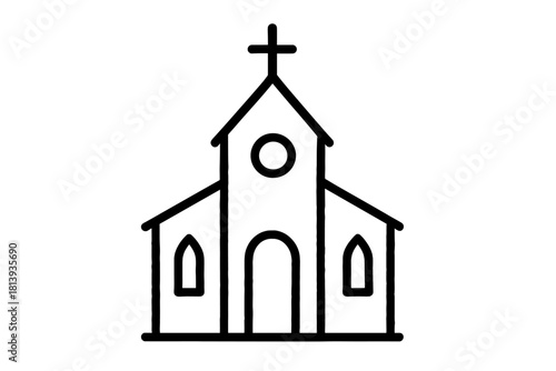 Traditional Christian church building facade with a cross on the steeple, minimalist style