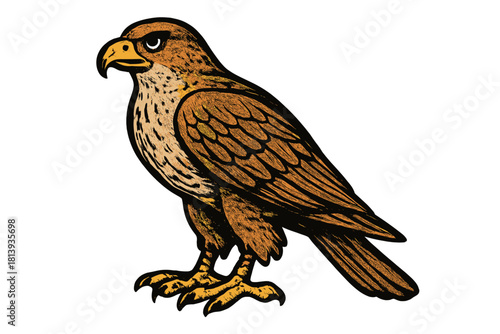 Majestic brown hawk or falcon raptor standing with detailed textured feathers