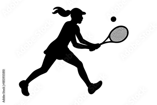 Female tennis player silhouette running across the court and hitting a forehand shot