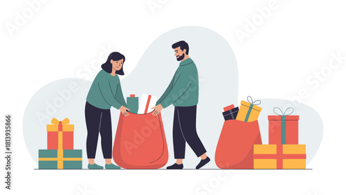 Preparing Gifts for Loved Ones: A couple lovingly packs an array of colorful presents, symbolizing the joy of sharing and the spirit of generosity.