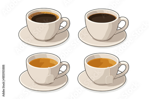 Four white ceramic cups of hot beverages including black coffee and herbal tea on saucers