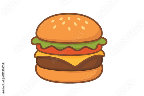 Delicious cartoon hamburger with cheese lettuce and tomato on a sesame seed bun isolated on white