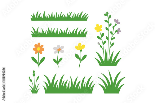 Vibrant decorative green grass patches and colorful spring floral elements