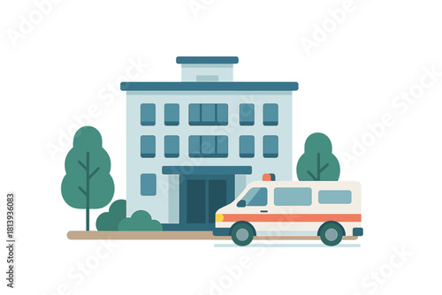Modern hospital building exterior with an emergency ambulance parked outside under a clear sky