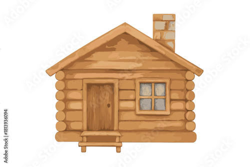 Stylized rustic wooden log cabin house with chimney and window on white background