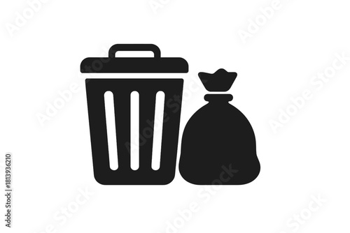 Trash can and full garbage bag representing waste management and recycling
