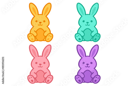 Four brightly colored cartoon rabbits sitting and holding an egg shape