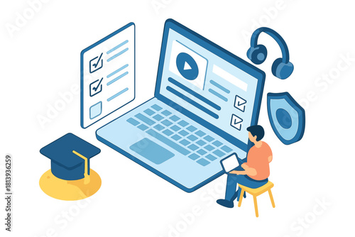 Student accessing digital courses via laptop for online education with academic and security symbols