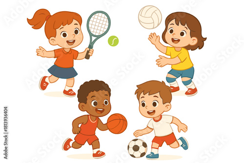 Multicultural group of young children playing tennis volleyball basketball and soccer