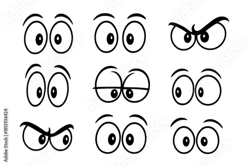 Cartoon eyes with various emotions and expressions in black and white line art