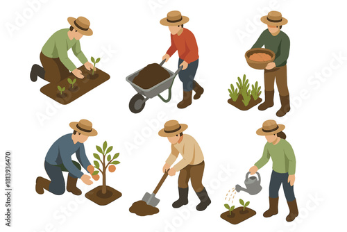 Isometric set of farmers or gardeners performing various agricultural tasks like planting, digging, and watering crops