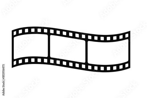 Wavy black and white film strip segment with three empty frames and sprocket holes