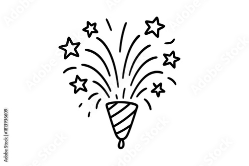 Simple doodle of a festive party popper exploding with stars and confetti lines