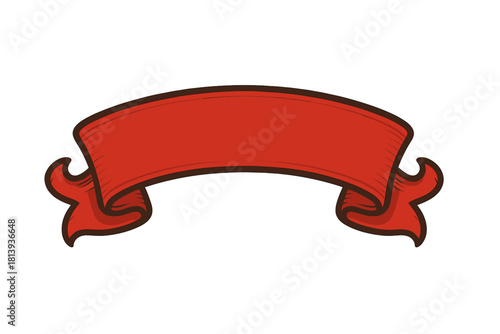 Classic curved red ribbon banner graphic element with dark outline and shading