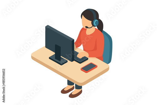 Female customer support agent working at a computer desk wearing a headset in isometric view