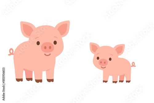 Happy cartoon mother pig and cute little piglet standing side by side