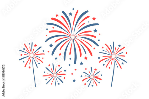 Exploding fireworks display in patriotic red and blue colors isolated on a white background