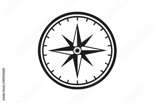Minimalist black and white compass rose symbol representing navigation and travel direction