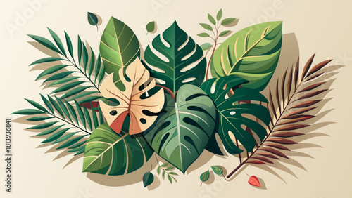 Very beautiful flat lay arrangement of monstera and anthurium leaves displayed on a light beige studio background, showcasing clean lines, soft shadows, natural textures, and elegant tropical composit