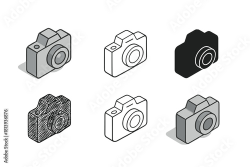 Collection of isometric digital camera symbols presented in outline solid and hatched styles