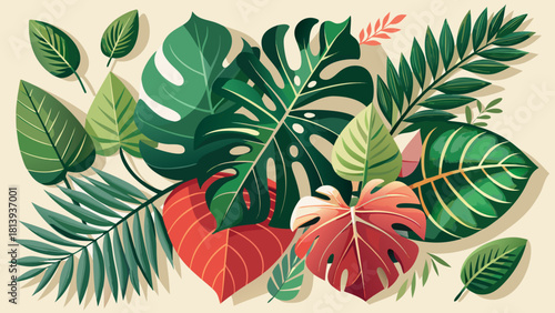 Very beautiful flat lay arrangement of monstera and anthurium leaves displayed on a light beige studio background, showcasing clean lines, soft shadows, natural textures, and elegant tropical composit