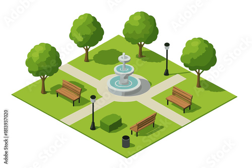 Isometric view of a detailed city park square featuring a tiered fountain, lush trees, and seating areas
