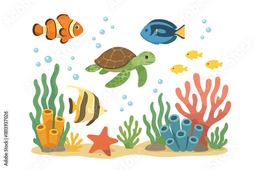 Adorable sea turtle swimming with tropical fish and colorful coral reef plants