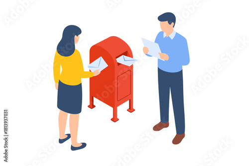 Man and woman sending or receiving correspondence via a public red mailbox