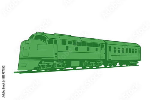 Green diesel locomotive pulling a passenger railway carriage on railroad tracks