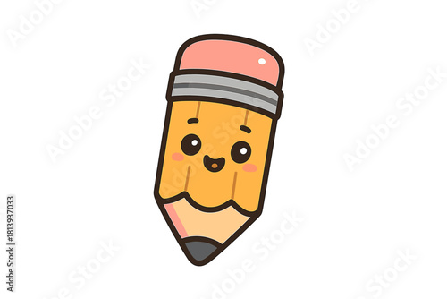 Cute smiling wooden pencil character with pink eraser and cheerful expression