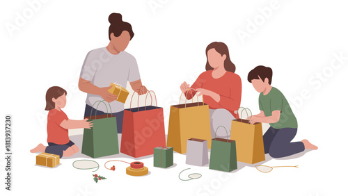 Family Unveiling: A family gathering around shopping bags and gifts after purchasing. Revealing the joy and delight of present and the connection between each family member.
