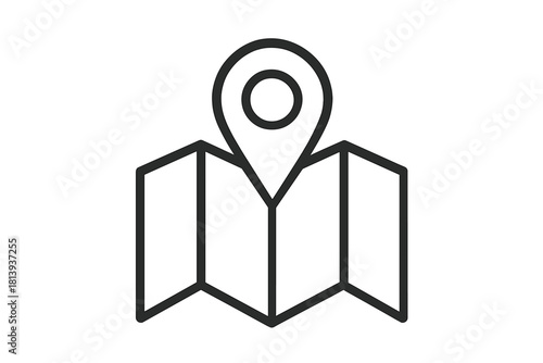 Simple black and white line drawing of a folded paper map with a GPS location pin