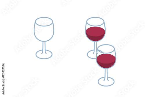 Minimalist isometric representation of wine glasses, two full of red wine and one empty