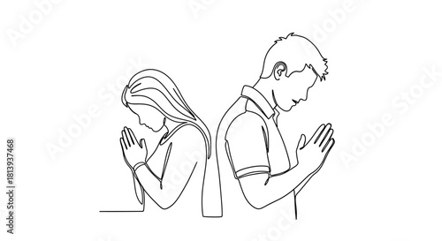 Continuous line drawing of couple praying conveys reverence hope and faith united in devotion or