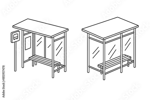 Two public transportation bus stops with shelter and seating in isometric view