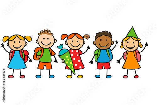 Happy diverse group of elementary school children waving and smiling on their first day of school