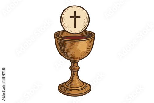 Golden chalice filled with wine and communion host featuring a cross symbol