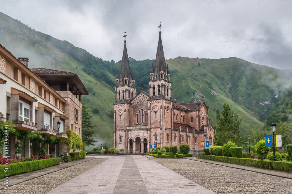 Naklejka premium Historic view of the Covadonga Sanctuary in Asturias, Northern Spain.