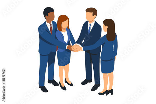 Four business professionals in suits joining hands in a huddle symbolizing teamwork and unity