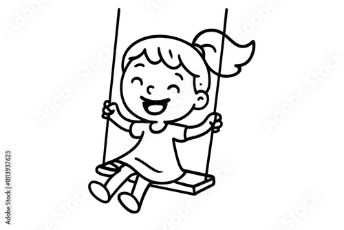 Cheerful cartoon depiction of a happy little girl playing on a swing set