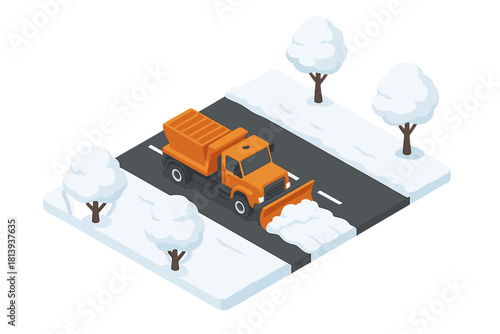 Orange snow plow truck removing snow from a highway during winter season