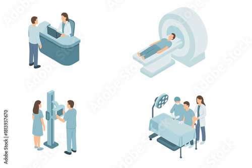 Hospital scenes collection showing patient care, medical examination, and surgical treatment
