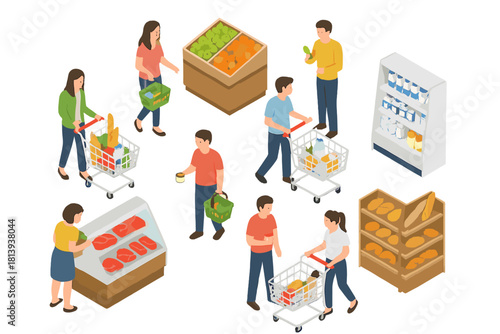 Diverse group of customers buying food and products in a large grocery store isometric scene