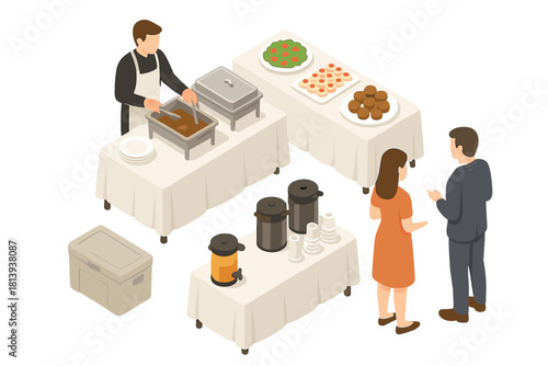 Professional catering service setup with server attending to guests at a buffet line
