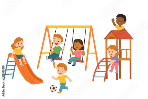 Diverse children playing together on a colorful playground structure with swings and slide